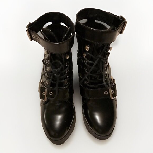 Nasty Gal Boots Women 6M Cut-Out of Luck Shoes Black Patent Straps Platform - Picture 3 of 6